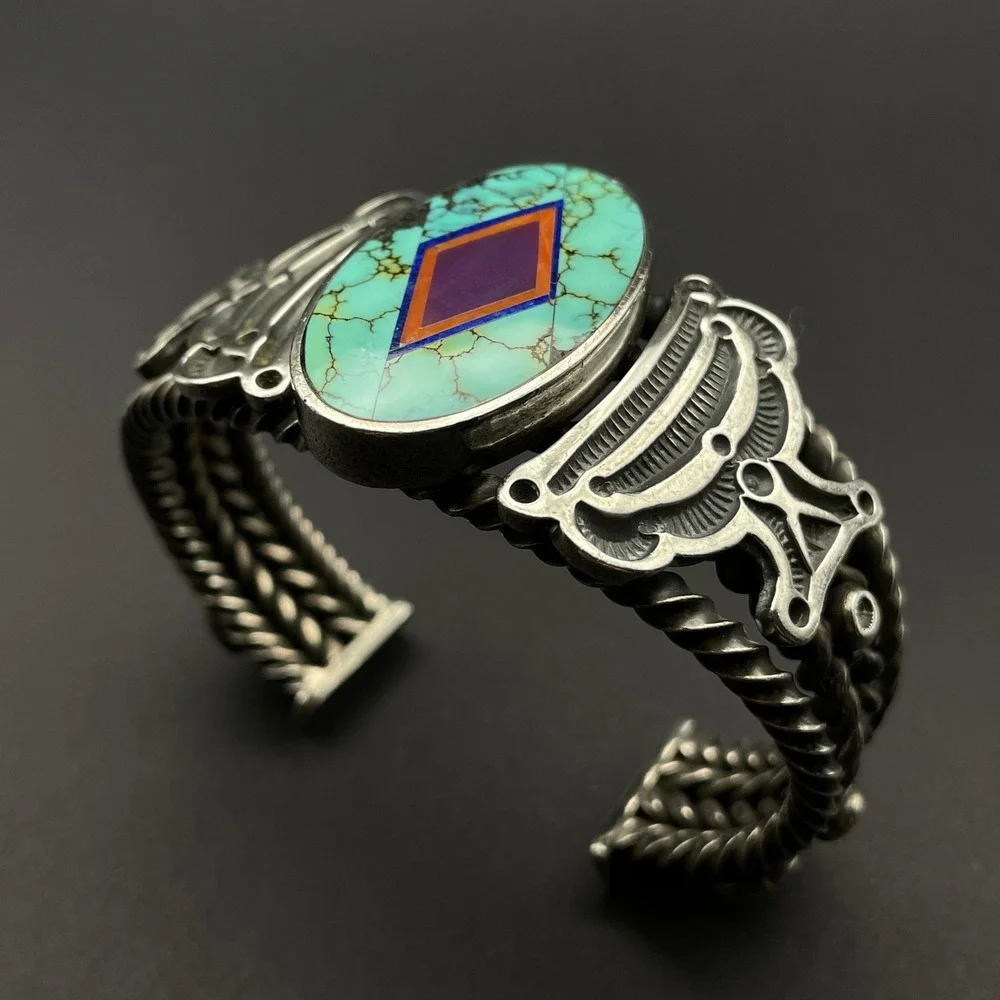 Vintage Navajo Ray Tracey & Knifewing Segura Sterling Silver Inlay Cuff Bracelet - Picture 9 of 16